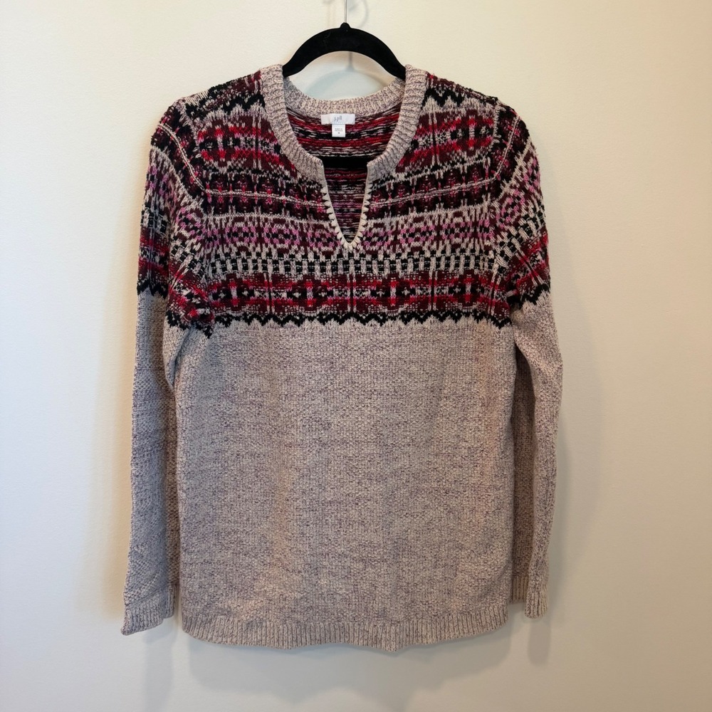 J. Jill Womens Fair Isle Split Neck Sweater Red Pink Grey Knit Pullover Womens M
